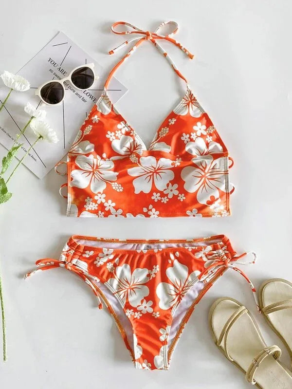 Bikini Femme Fleuri Licou – Haut Push-Up & Bas Taille Haute -Plusieurs coloris