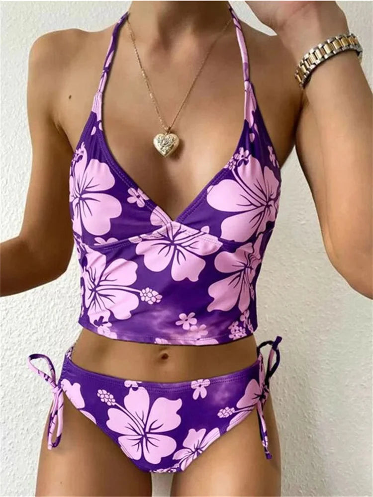Bikini Femme Fleuri Licou – Haut Push-Up & Bas Taille Haute -Plusieurs coloris
