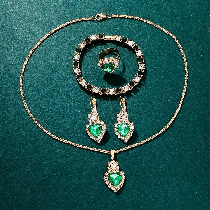 Coffret luxe femme – Montre cœur pêche + bracelet cuir vert + collier + boucles d'oreilles