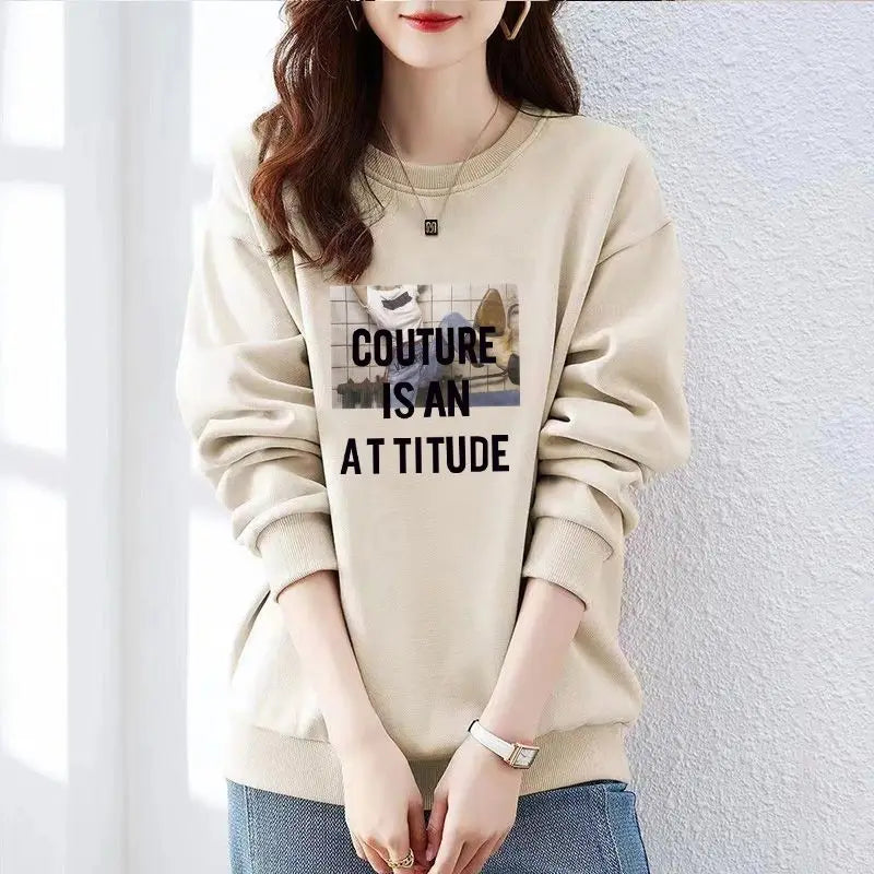 Sweat-shirt femme col rond  Imprimé lettrage, manches longues, style Harajuku emo