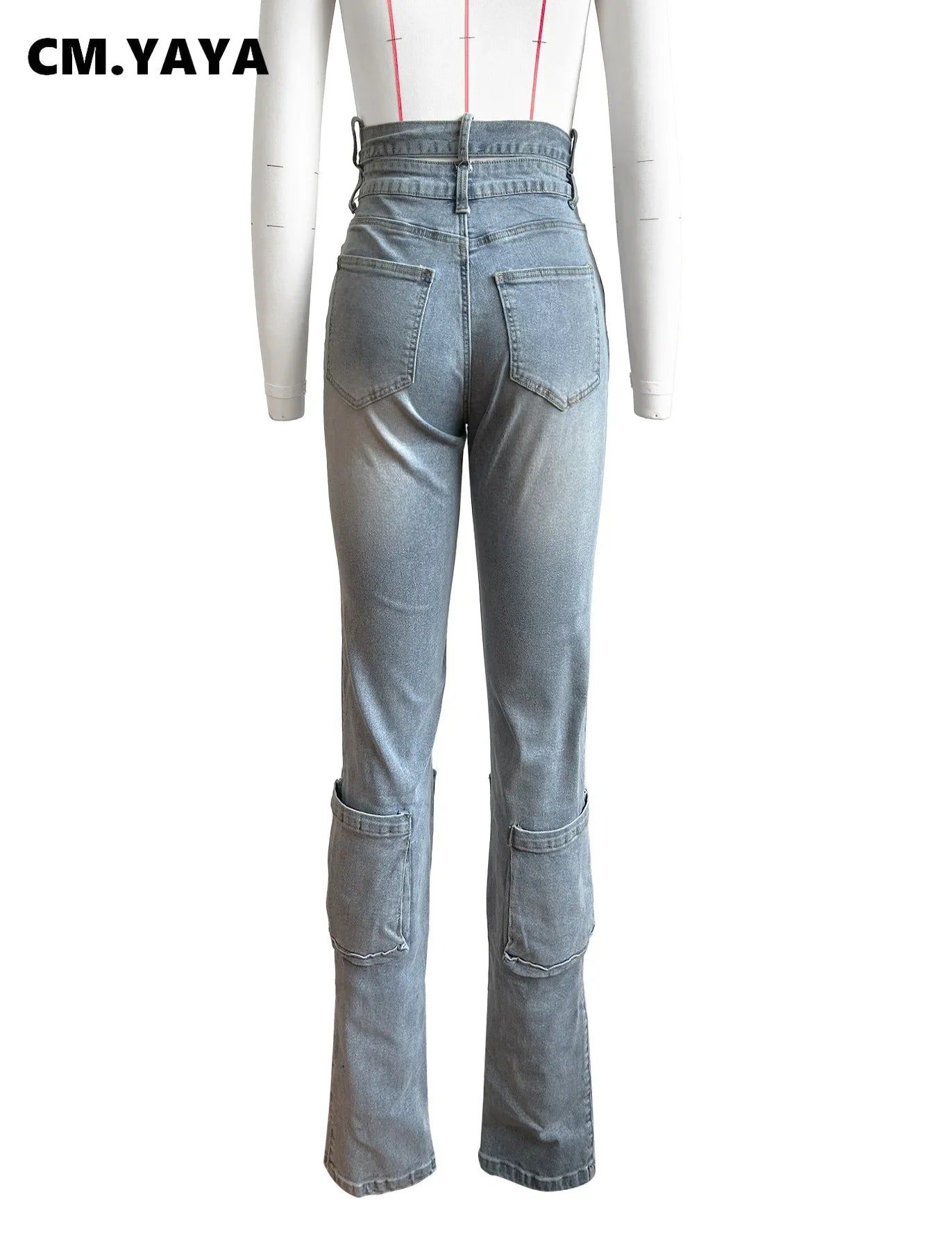 Jean cargo femme Large, taille croisée, poches, zippé, effet lavé