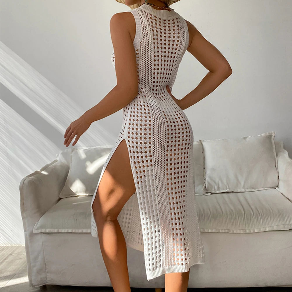 Robe de plage – Crochet Ajouré Sans Manches À Fente Latérale -Plusieurs coloris