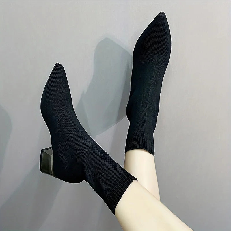 Bottines femme – Bout pointu, talon épais, extensibles, style chaussette