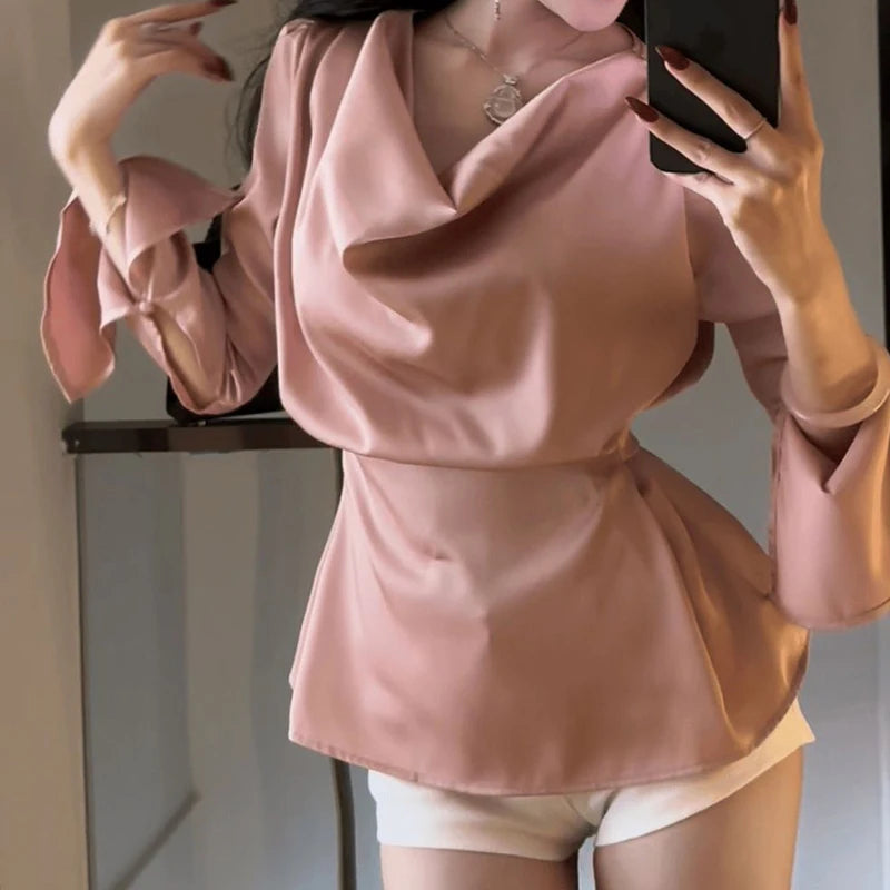 Chemisier French chic femme Satin, col swing, manches longues, ceinture taille