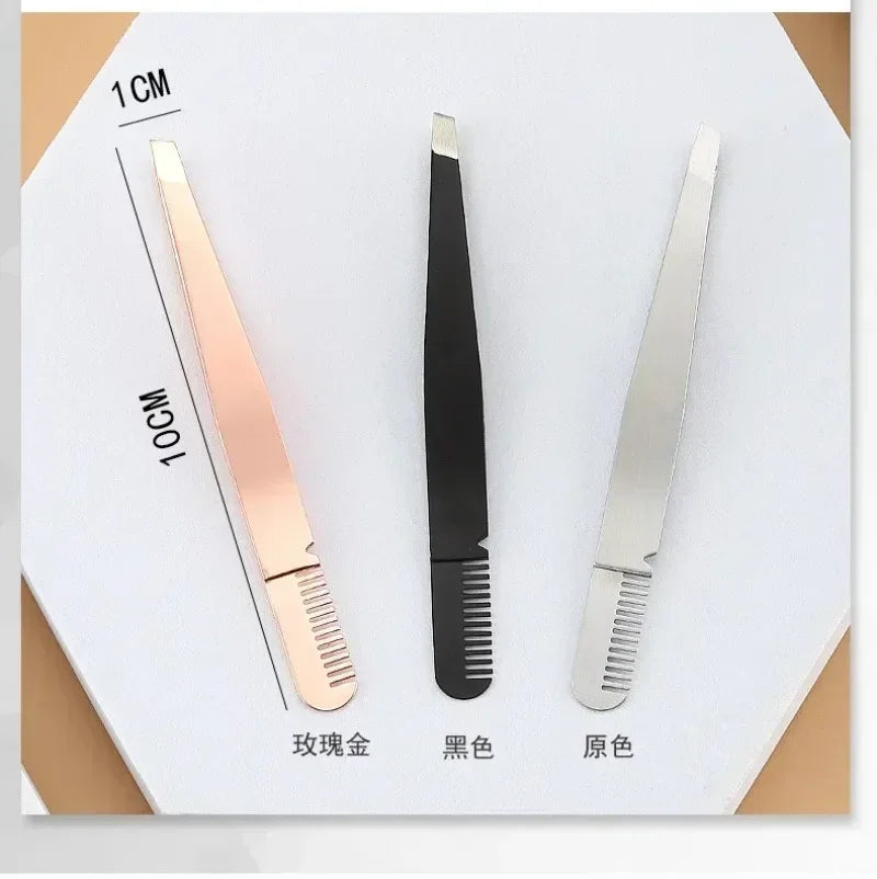 Pince à cils & sourcils en acier inoxydable – Pointe diagonale avec peigne, précision