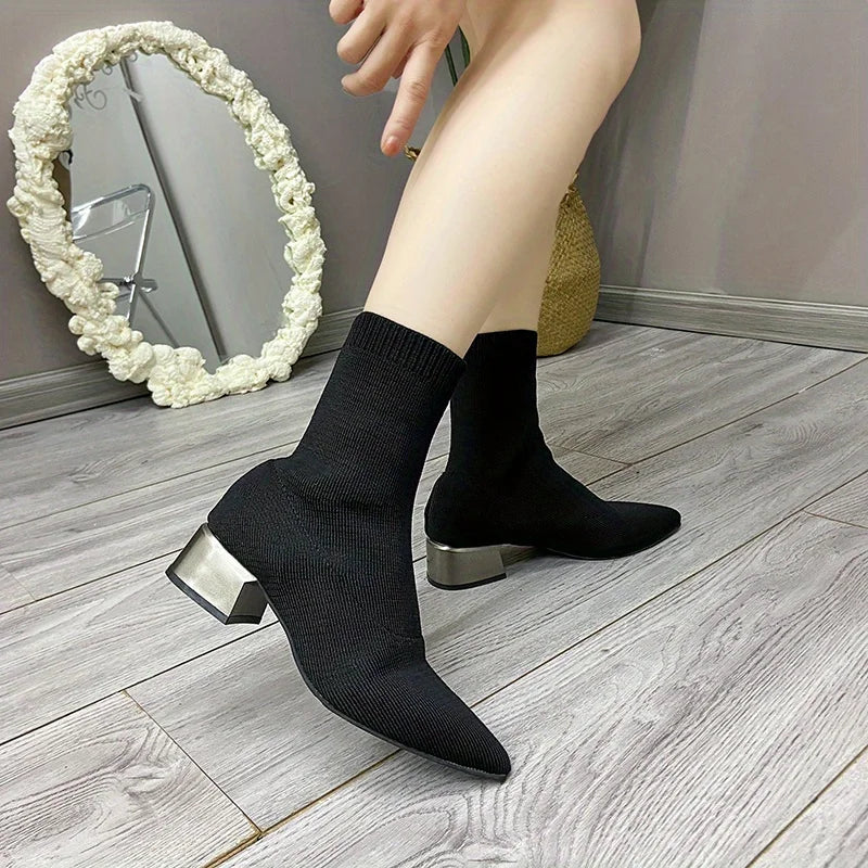 Bottines femme – Bout pointu, talon épais, extensibles, style chaussette