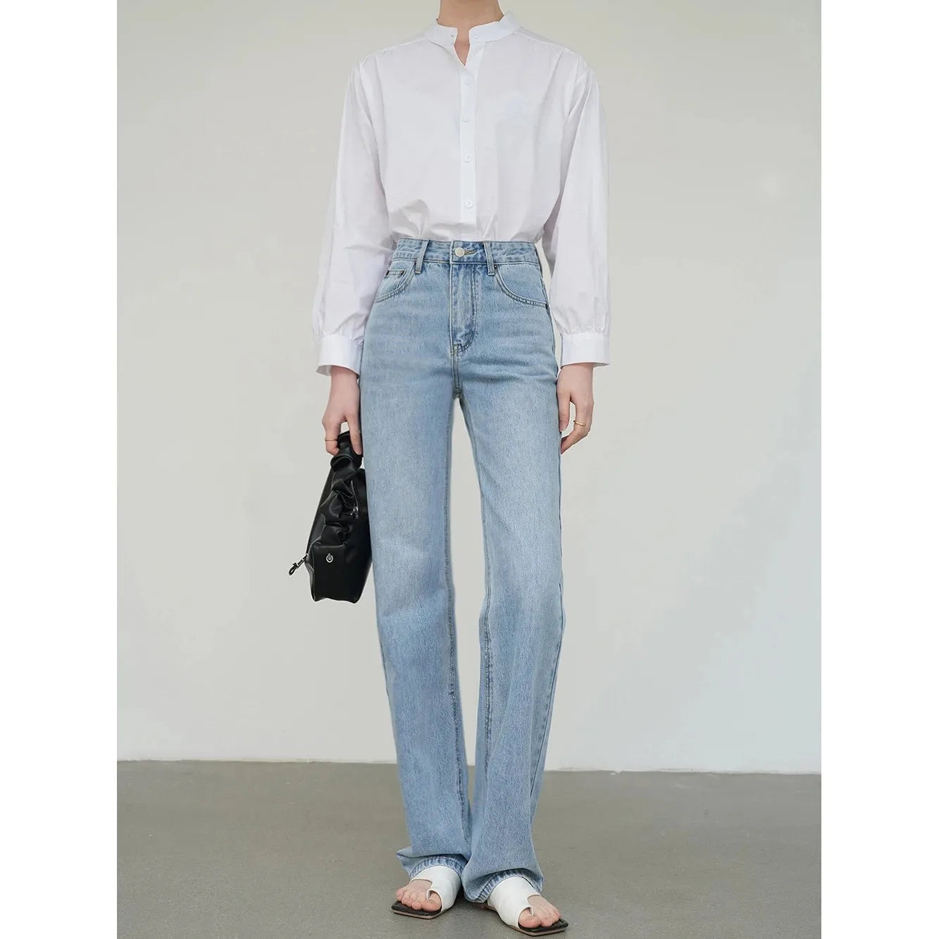 Jean droit femme Taille haute, bleu clair, longueur longue