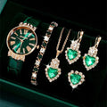 Coffret luxe femme – Montre cœur pêche + bracelet cuir vert + collier + boucles d'oreilles
