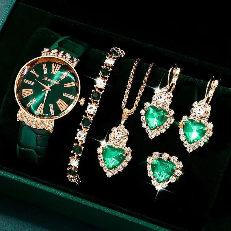 Coffret luxe femme – Montre cœur pêche + bracelet cuir vert + collier + boucles d'oreilles