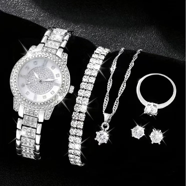 Coffret luxe femme – Set 6 pièces : montre quartz cadran romain + bracelet