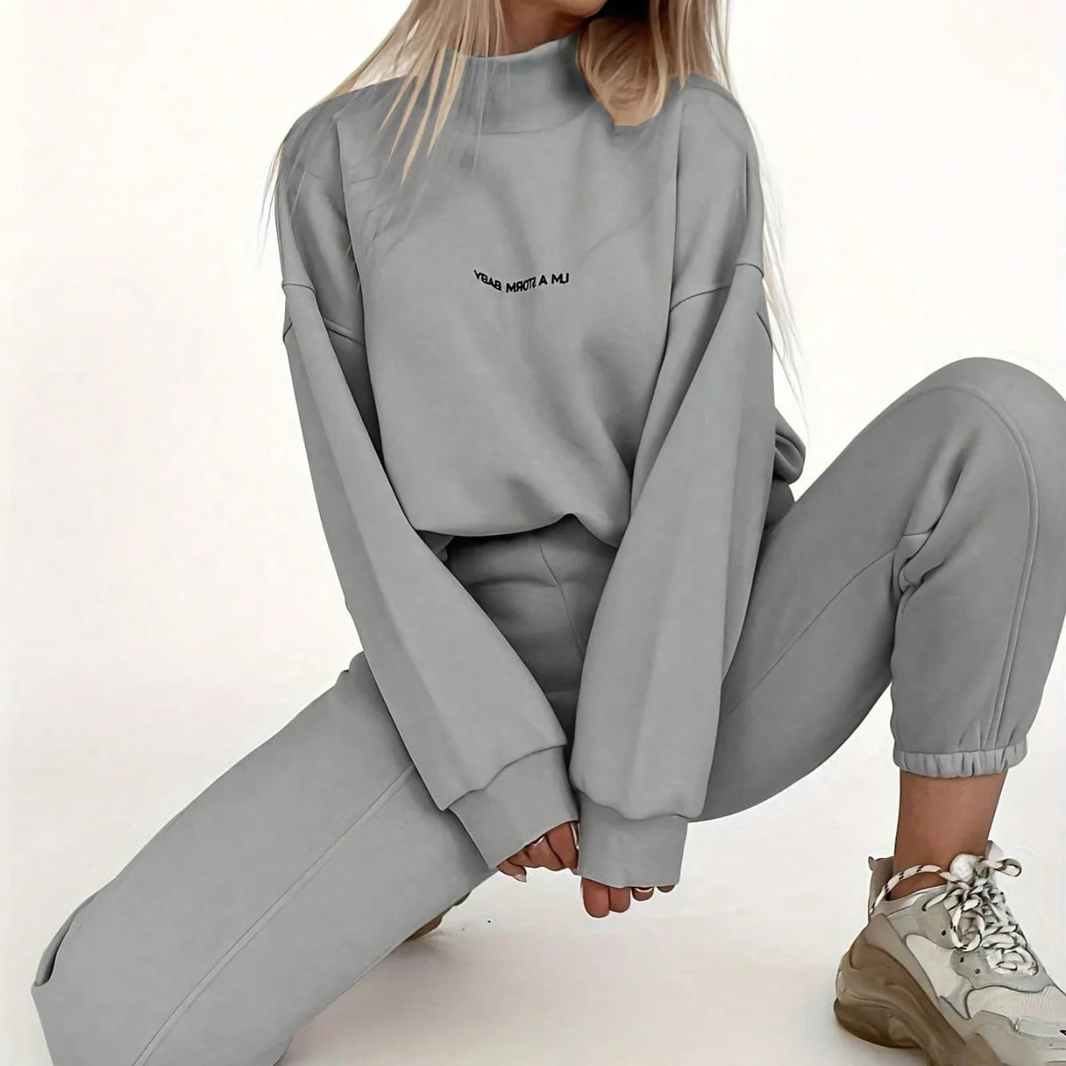 Ensemble 2 pièces femme – Sweat col montant imprimé lettrage & pantalon crayon taille haute 8 coloris