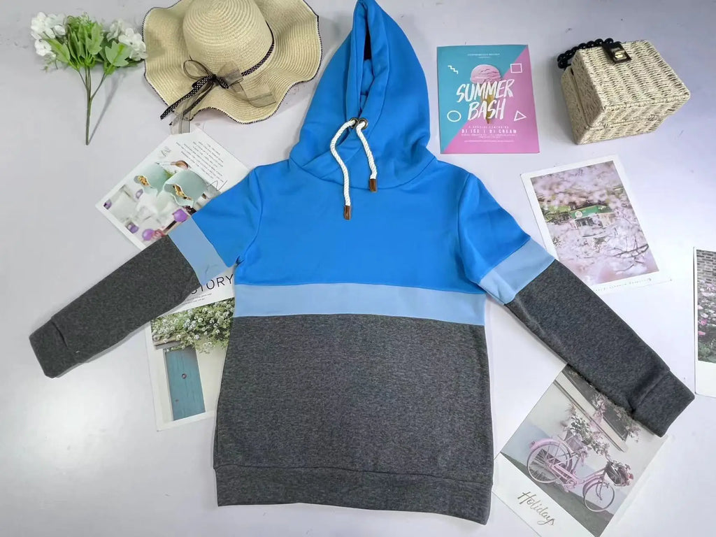 Sweat-shirt femme col haut à capuche – Coutures contrastées – Plusieurs coloris