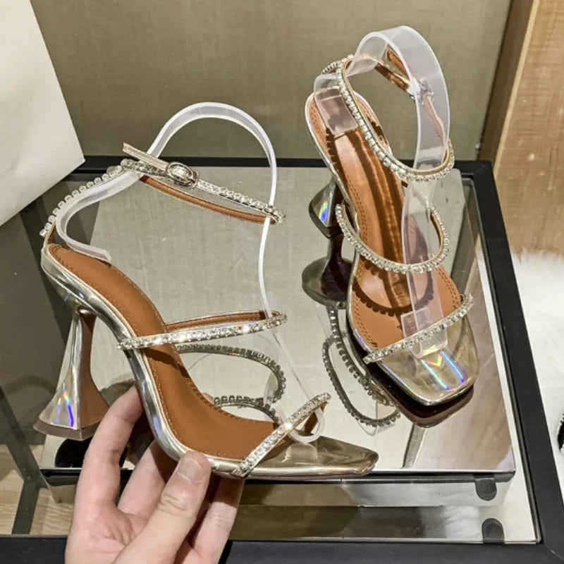 Sandales femme – Strass & chaîne, bout ouvert
