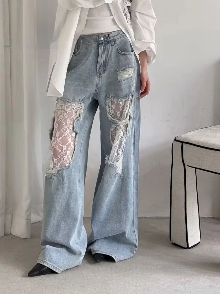 Jean Taille Haute Femme – Coupe Large Dentelle Patchwork Effet Usé