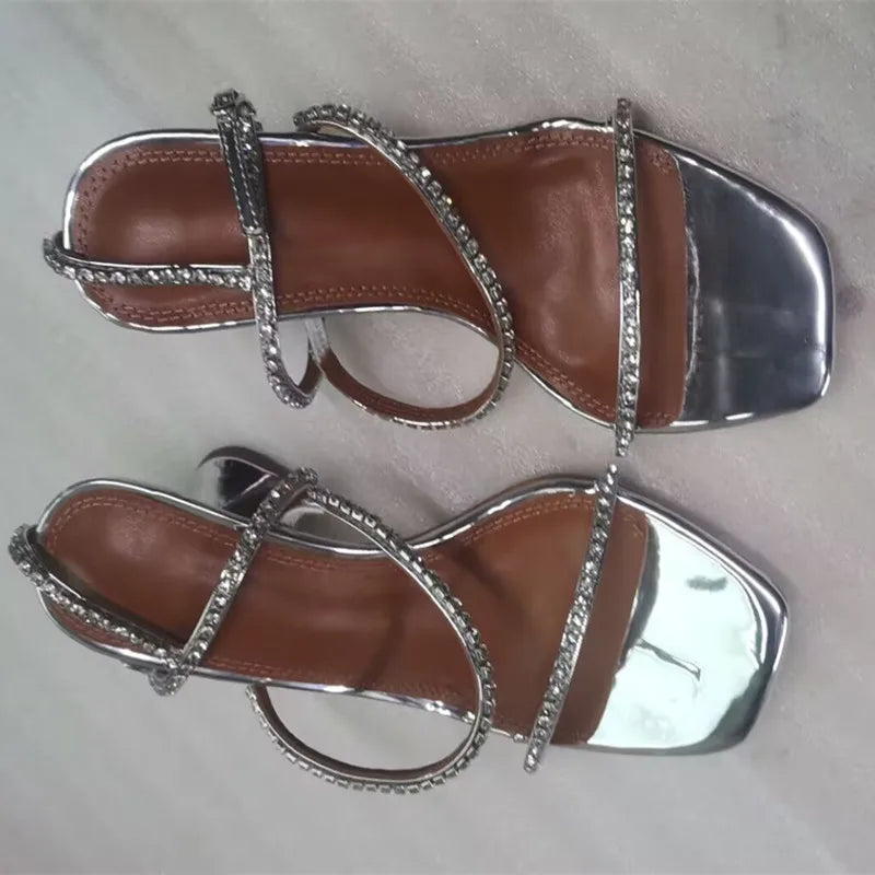 Sandales femme – Strass & chaîne, bout ouvert