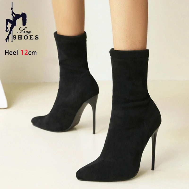 Bottines chaussettes femme  – Talon fin 12 cm, bout pointu, grande taille jusqu’au 46- 3 coloris