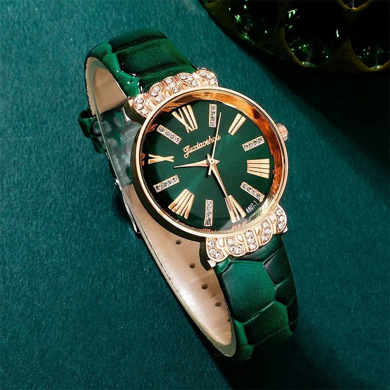 Coffret luxe femme – Montre cœur pêche + bracelet cuir vert + collier + boucles d'oreilles