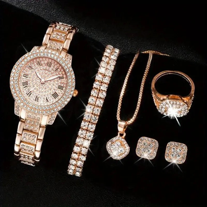 Coffret luxe femme – Set 6 pièces : montre quartz cadran romain + bracelet