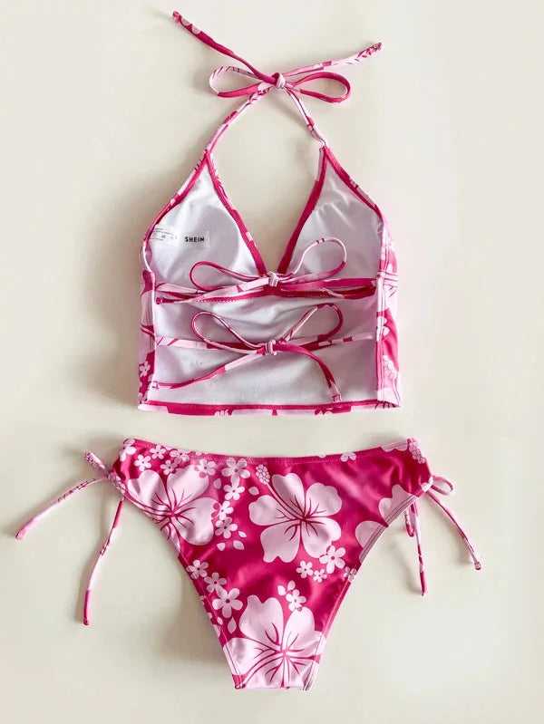 Bikini Femme Fleuri Licou – Haut Push-Up & Bas Taille Haute -Plusieurs coloris