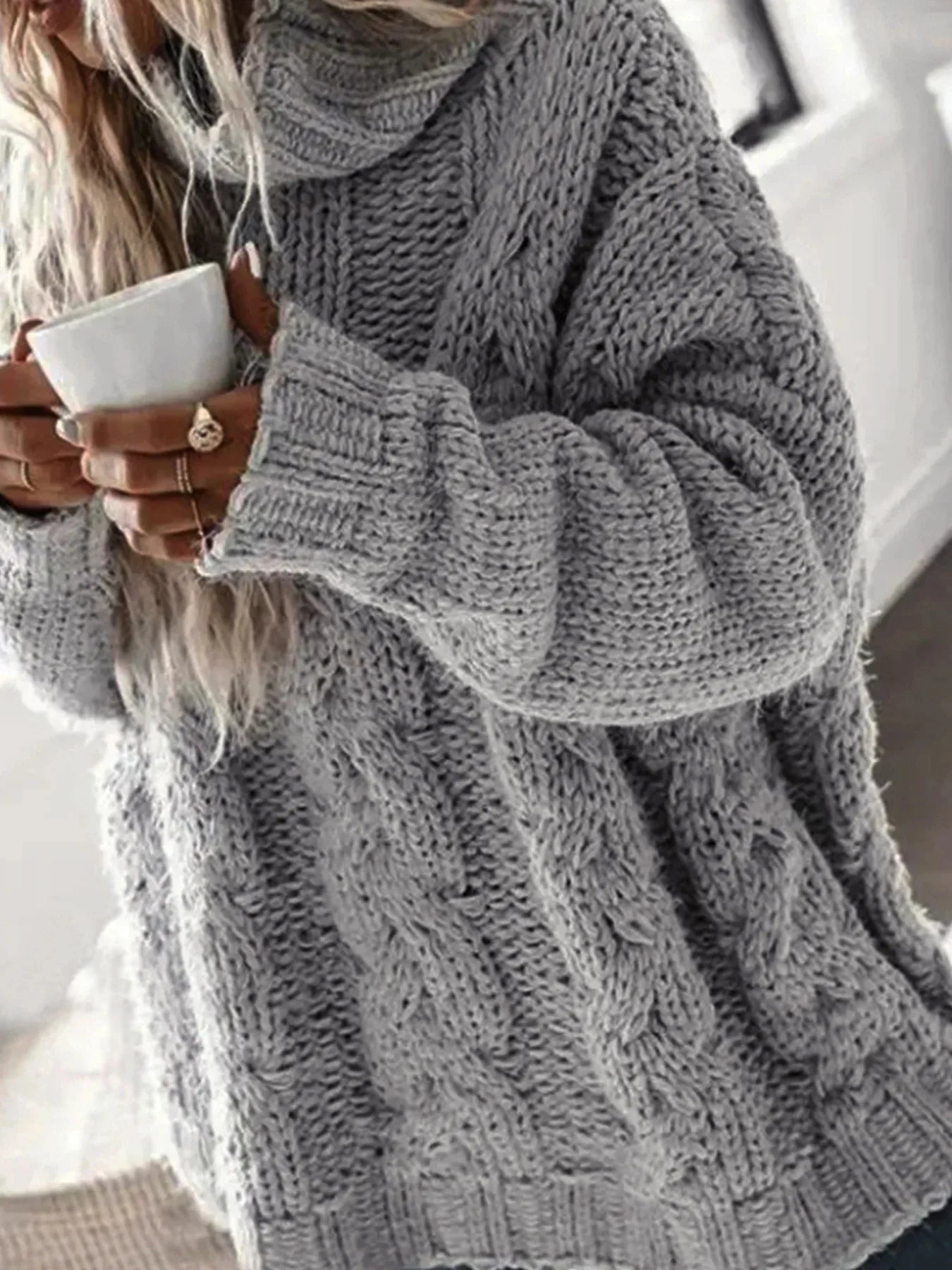 Pull col montant femme Maille torsadée motif fleuri, manches longues