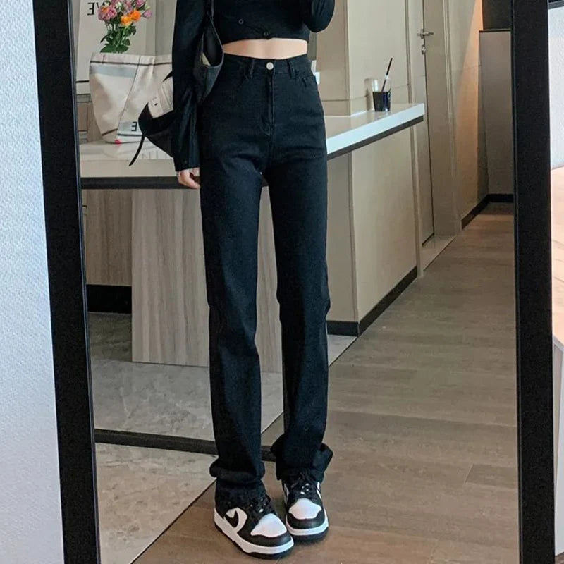 Jean droit slim femme Taille haute, coupe étroite