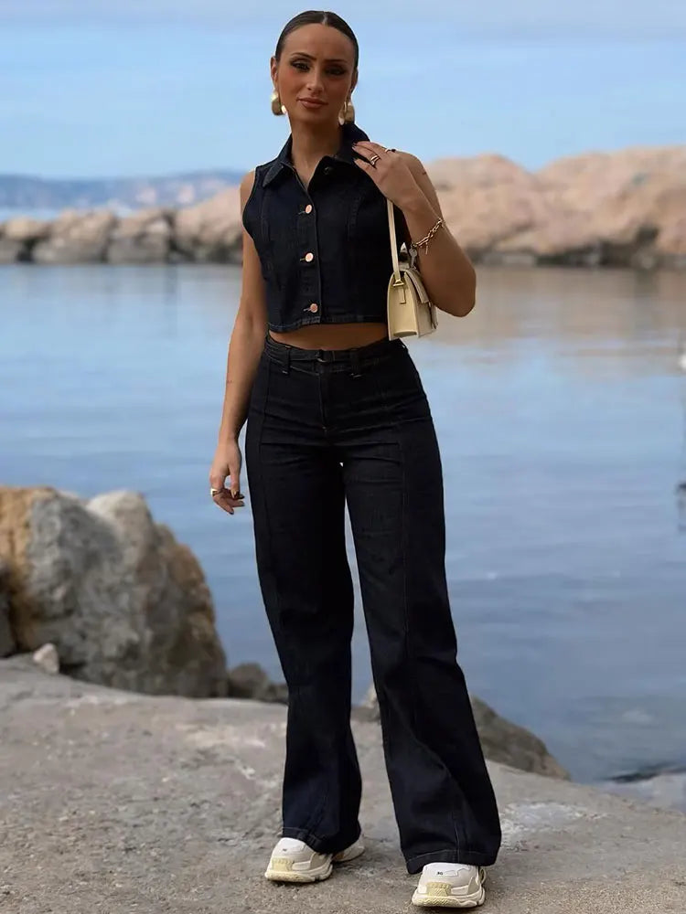 Ensemble denim femme – Veste col cranté simple boutonnage, pantalon taille haute large