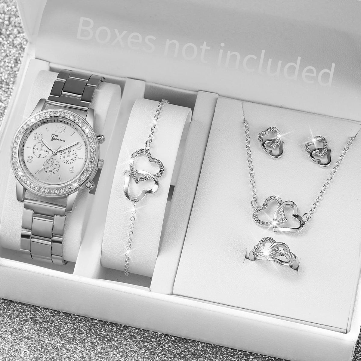 Coffret montre et bijoux femme – 6 pièces, quartz, strass – Plusieurs coloris