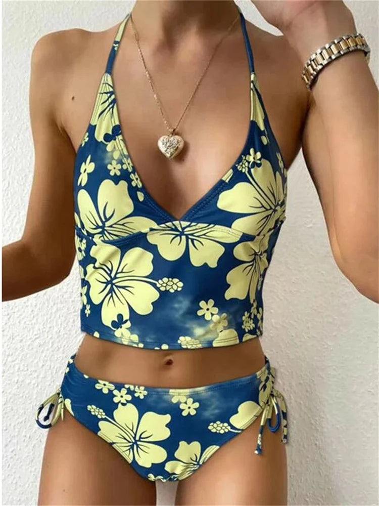 Bikini Femme Fleuri Licou – Haut Push-Up & Bas Taille Haute -Plusieurs coloris