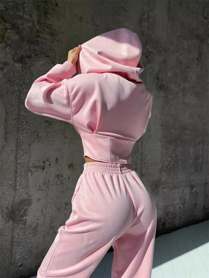 Ensemble 2 pièces décontracté pour femme : Veste courte à capuche zippée et pantalon 5 coloris