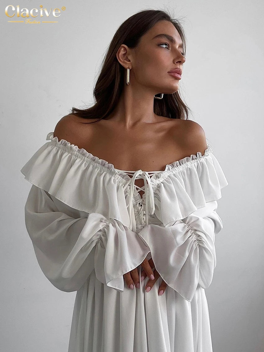 Robe Longue Blanche Femme – Col V, Manches Longues & Coupe Plissée Loose