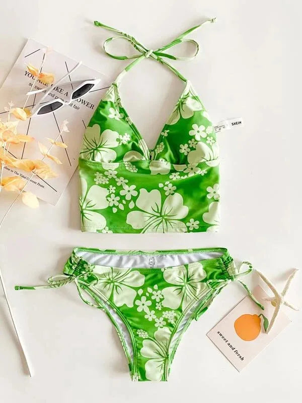 Bikini Femme Fleuri Licou – Haut Push-Up & Bas Taille Haute -Plusieurs coloris