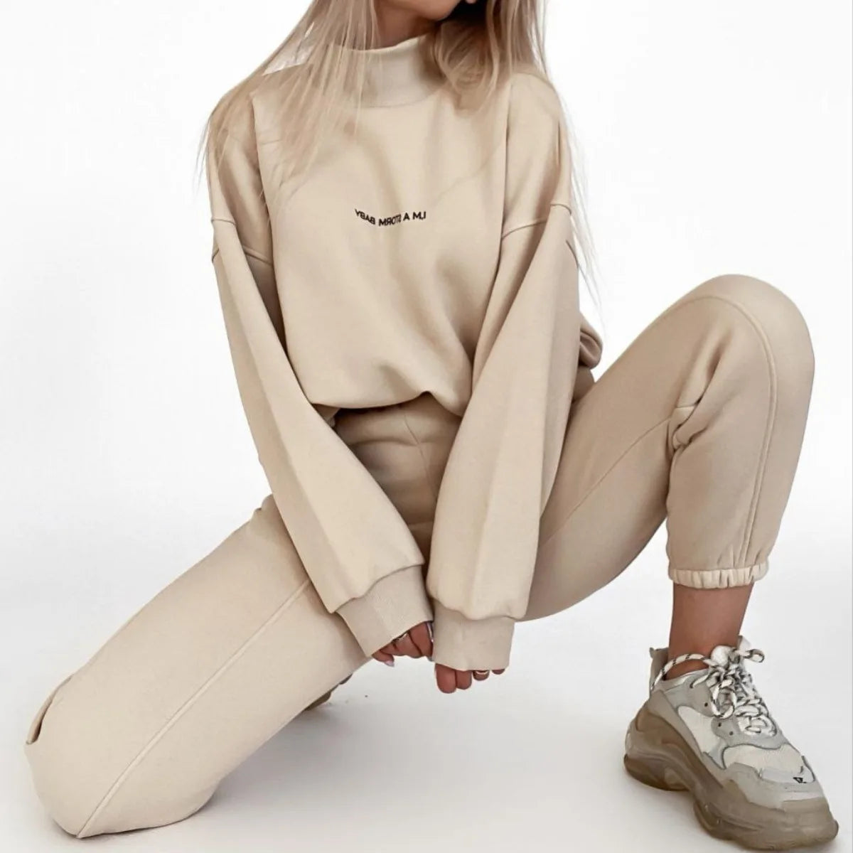 Ensemble 2 pièces femme – Sweat col montant imprimé lettrage & pantalon crayon taille haute 8 coloris