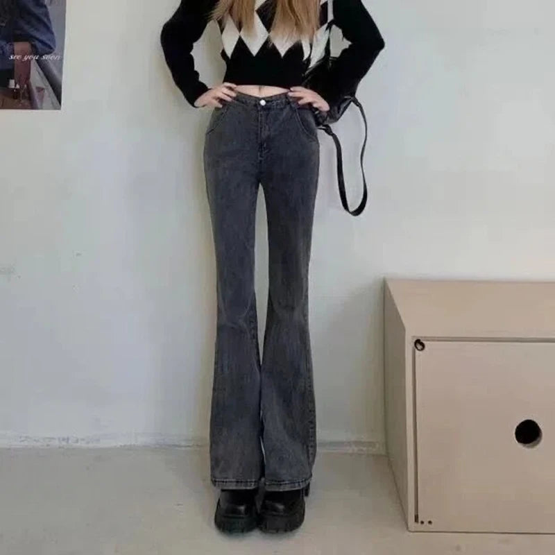 Jean flare vintage femme Taille haute, pattes d'eph, taille élastique
