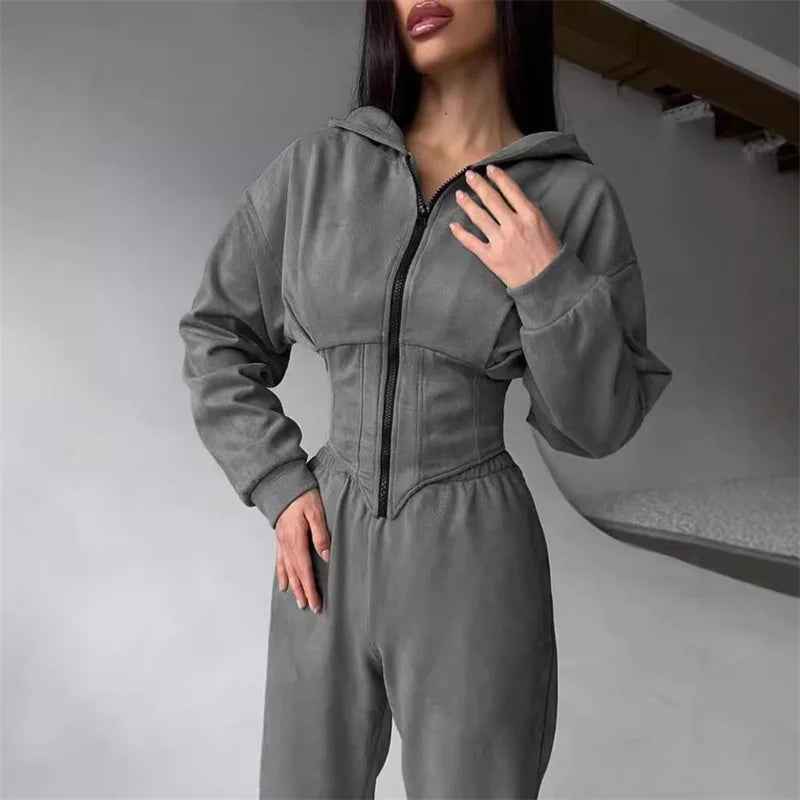 Ensemble 2 pièces décontracté pour femme : Veste courte à capuche zippée et pantalon 5 coloris
