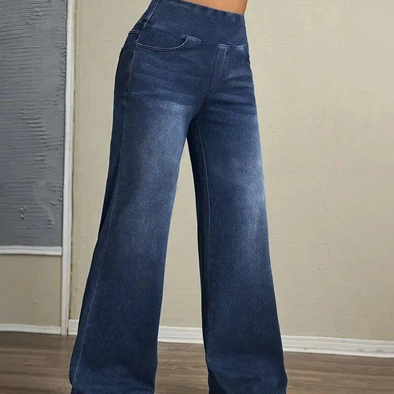 Jean droit femme Taille élastique haute, coupe loose, extensible