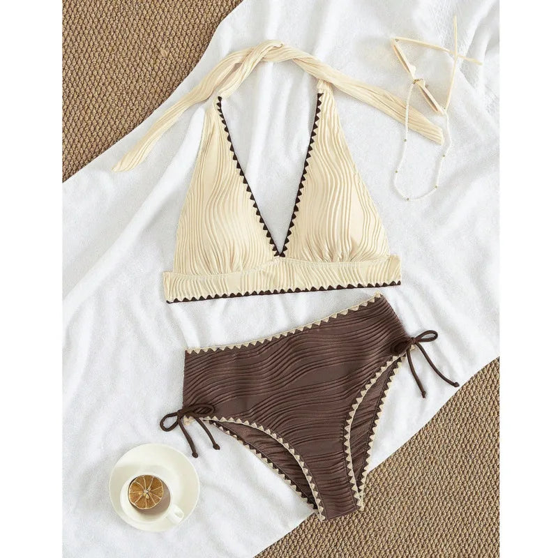Bikini  2 Pièces – Col Triangulaire À Lacets Taille Haute