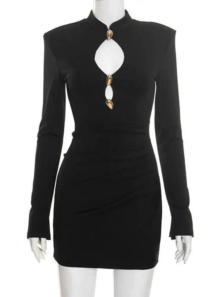Robe Courte Sexy – Dentelle Ajourée, Manches Longues & Col Montant