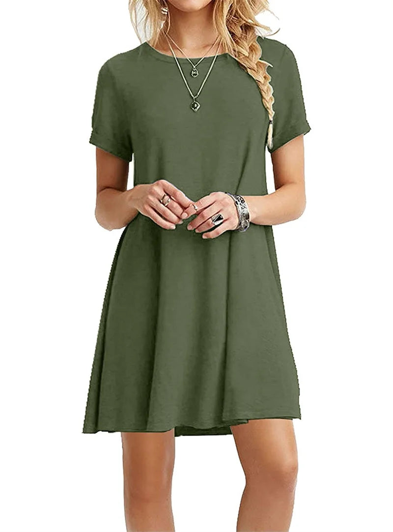 Robe Bohème Femme – Col Rond, Manches Courtes, Style Plage