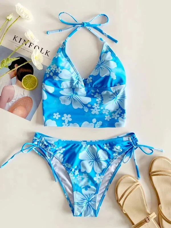 Bikini Femme Fleuri Licou – Haut Push-Up & Bas Taille Haute -Plusieurs coloris