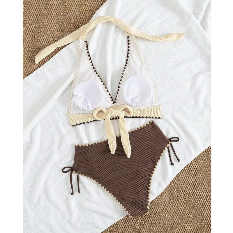 Bikini  2 Pièces – Col Triangulaire À Lacets Taille Haute