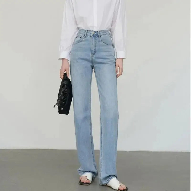 Jean droit femme Taille haute, bleu clair, longueur longue