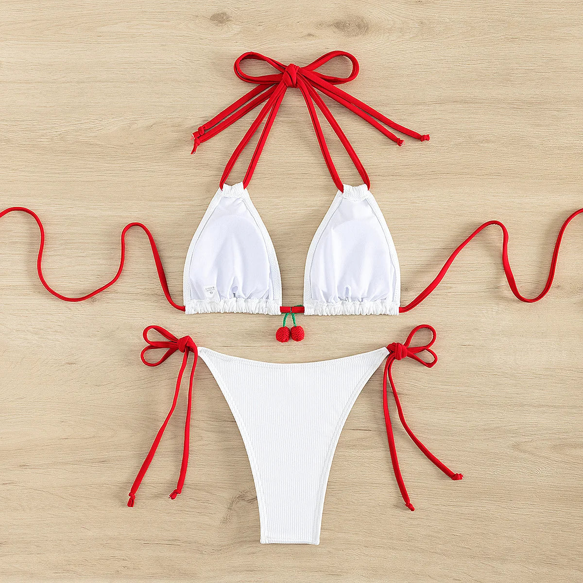 Bikini cerise à Laçage & Taille Haute – Noir ou  Blanc cerise