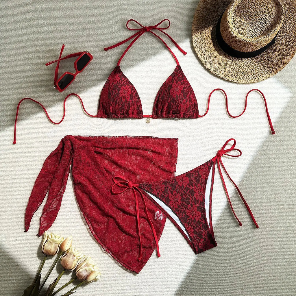 Bikini  3 Pièces – Dentelle Contrastée & Style Brésilien -plusieurs coloris