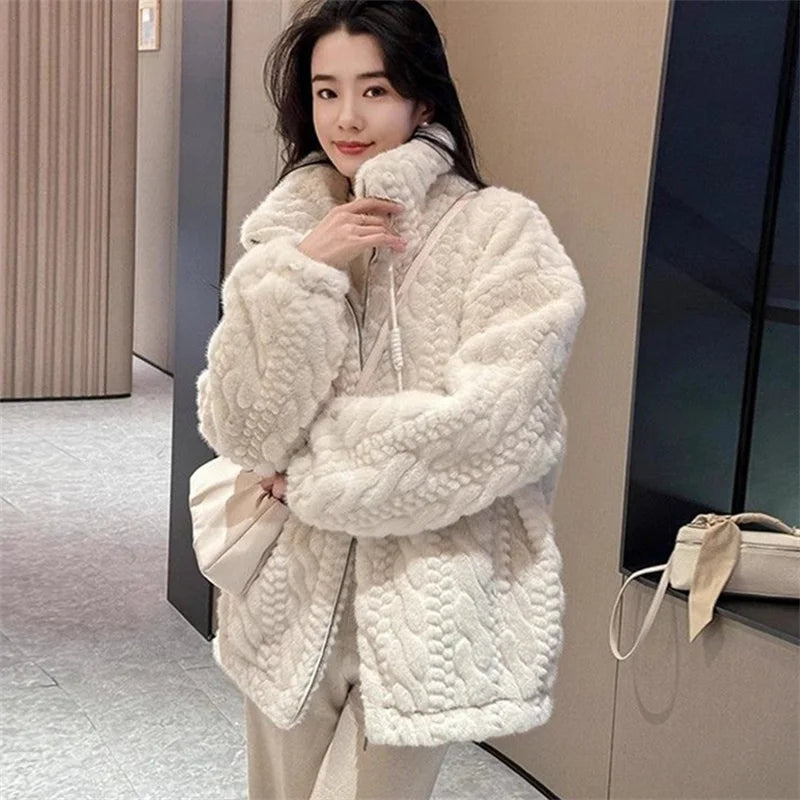 Manteau fausse fourrure imitation vison femme – Col montant, chaud & épais