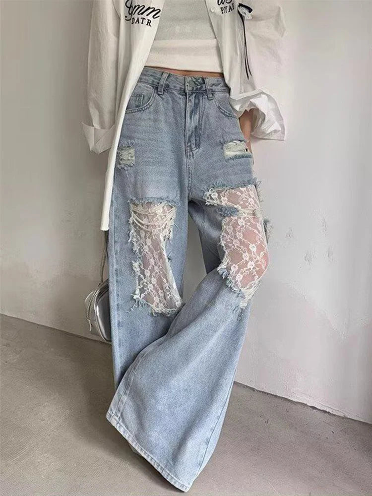 Jean Taille Haute Femme – Coupe Large Dentelle Patchwork Effet Usé