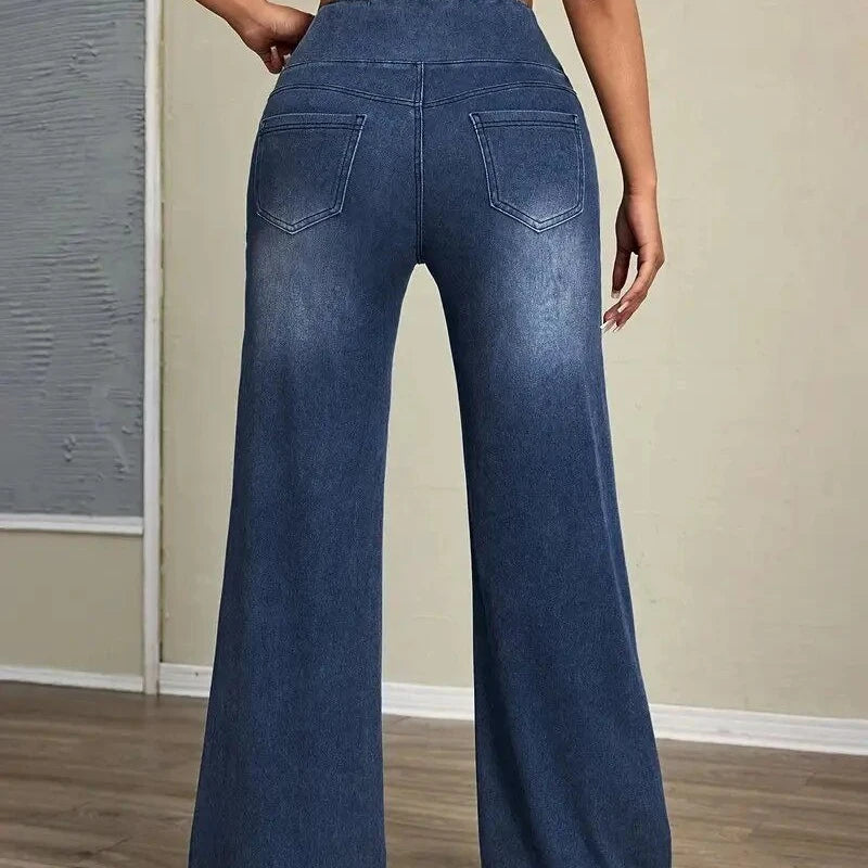 Jean droit femme Taille élastique haute, coupe loose, extensible