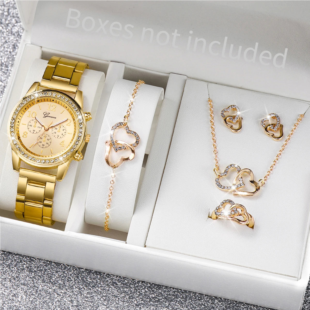 Coffret montre et bijoux femme – 6 pièces, quartz, strass – Plusieurs coloris