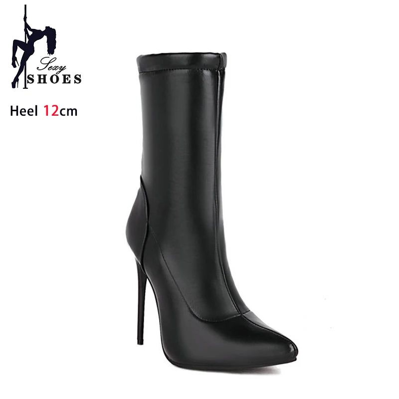 Bottines chaussettes femme  – Talon fin 12 cm, bout pointu, grande taille jusqu’au 46- 3 coloris