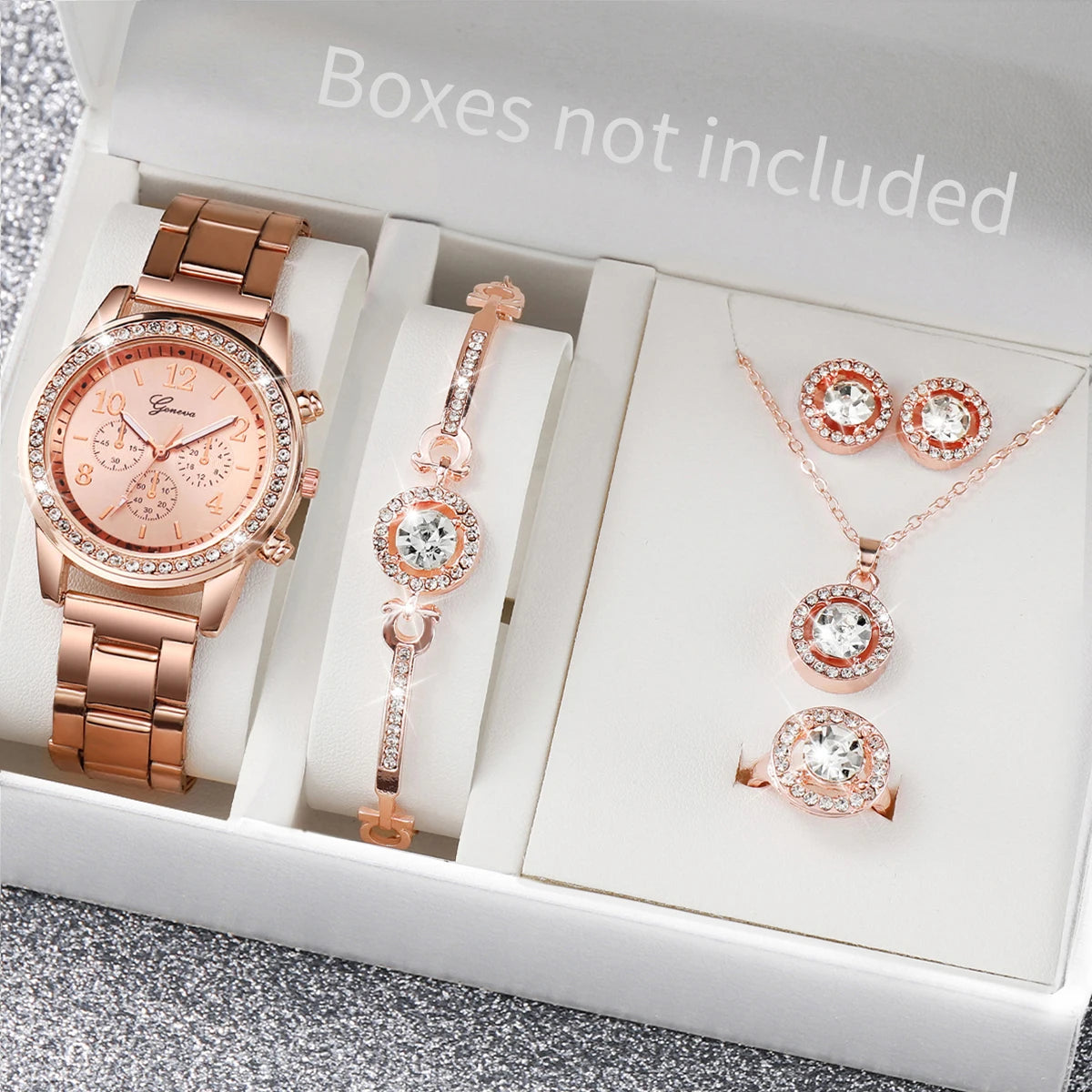 Coffret montre et bijoux femme – 6 pièces, quartz, strass – Plusieurs coloris
