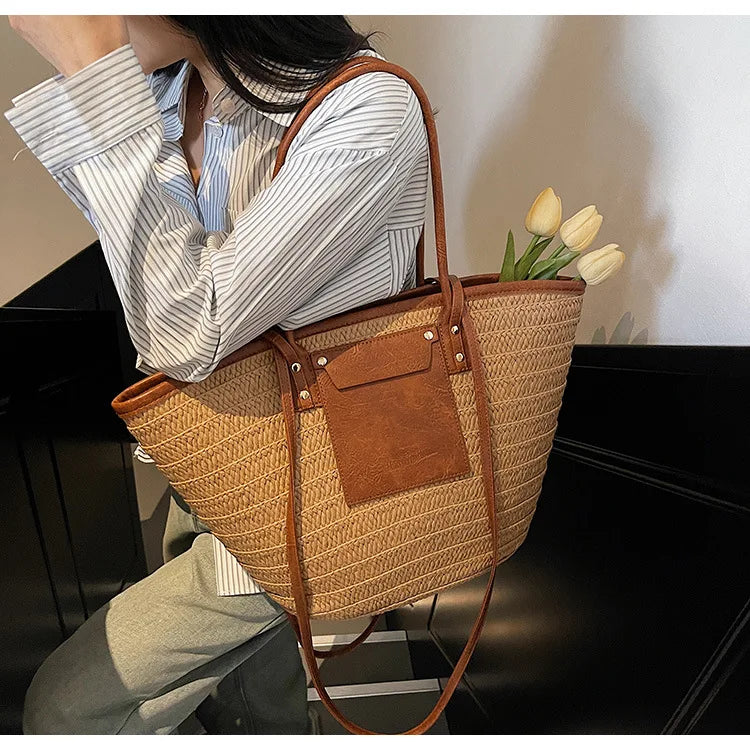 Sac tissé en paille – Fourre-tout plage été – Plusieurs coloris